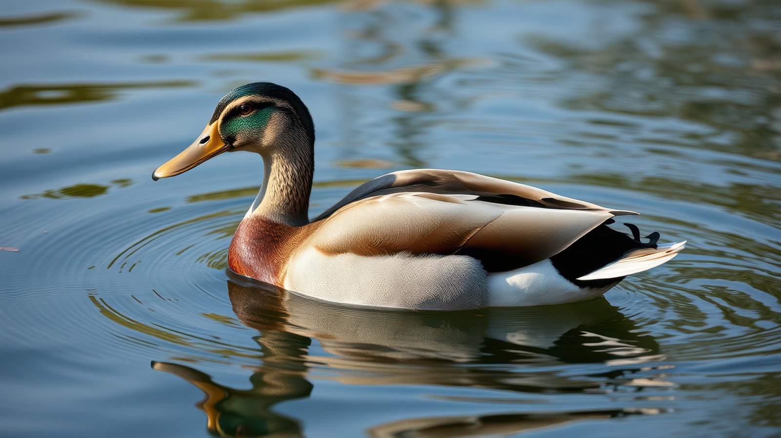 Beautiful male mallard duck swimming peacefully in a calm pond on a sunny day